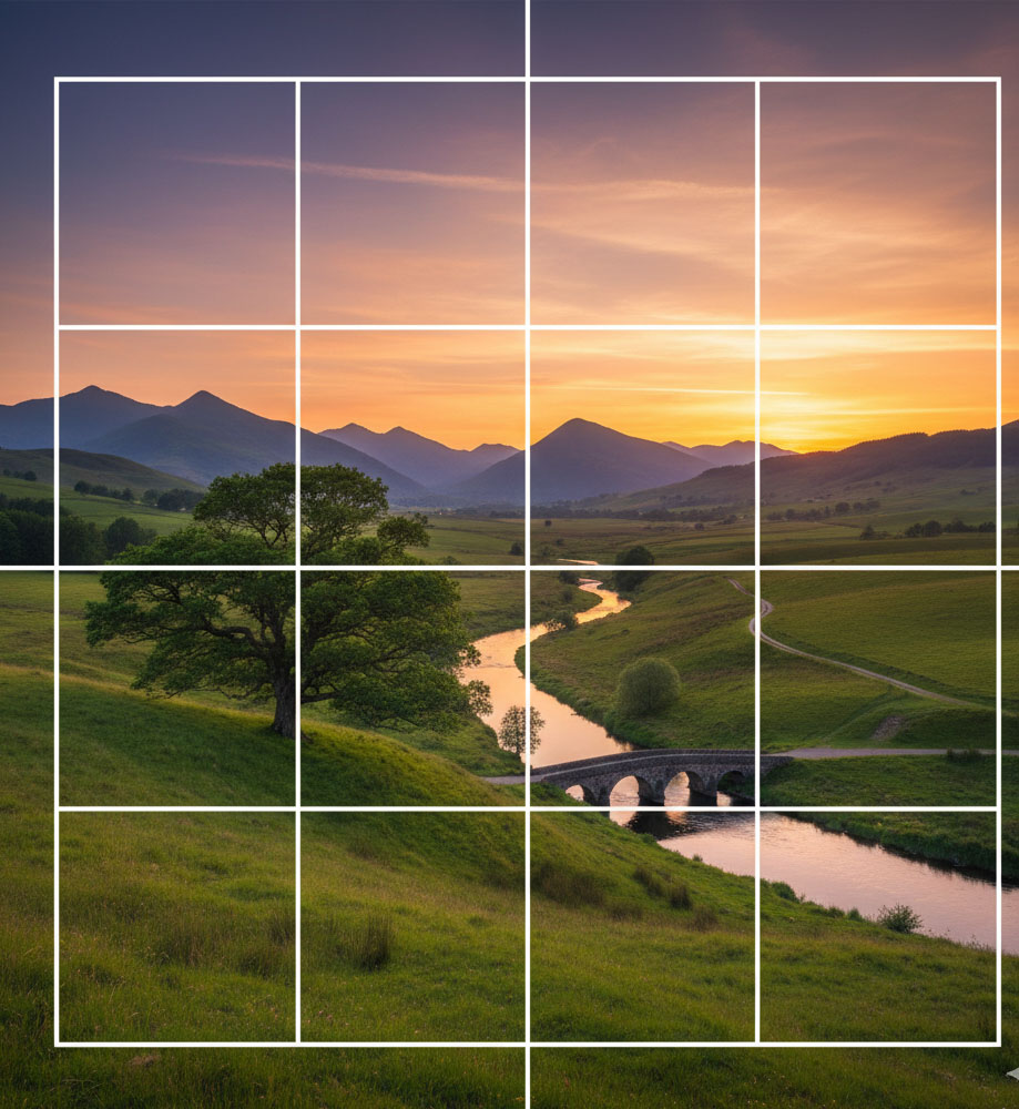 Grid overlay showing the rule of thirds on a landscape image