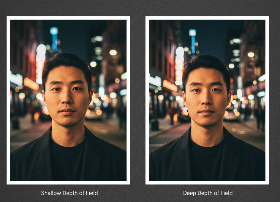 Two portraits side by side, one with blurred background and one with sharp background