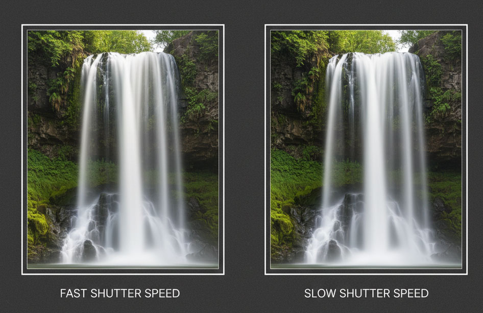 Waterfall captured frozen with fast shutter speed and blurred with slow shutter speed