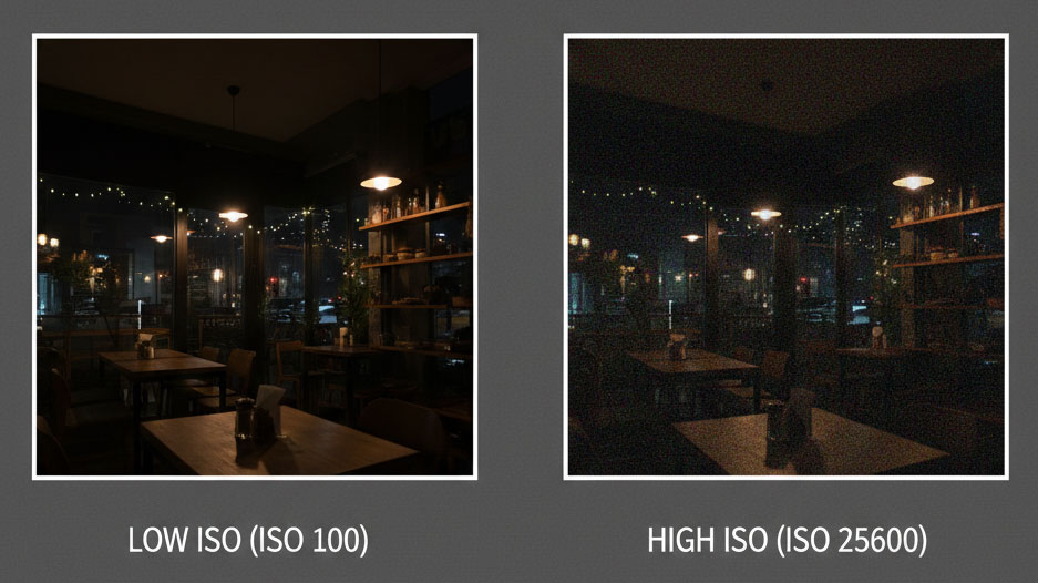 Side-by-side comparison of a low ISO clean image and a high ISO noisy image