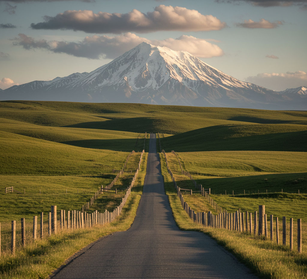 Road and fence lines leading the viewer's eye toward a distant mountain