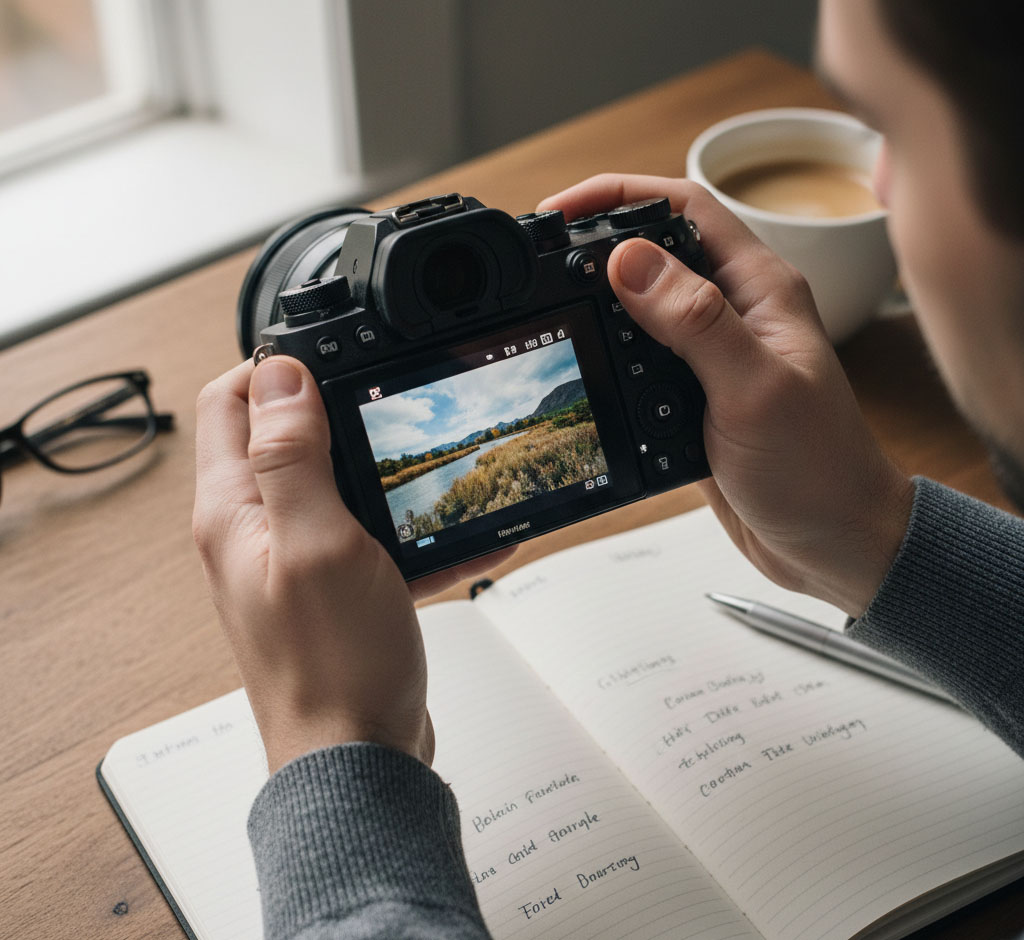 Person reviewing photos on a camera next to a notebook