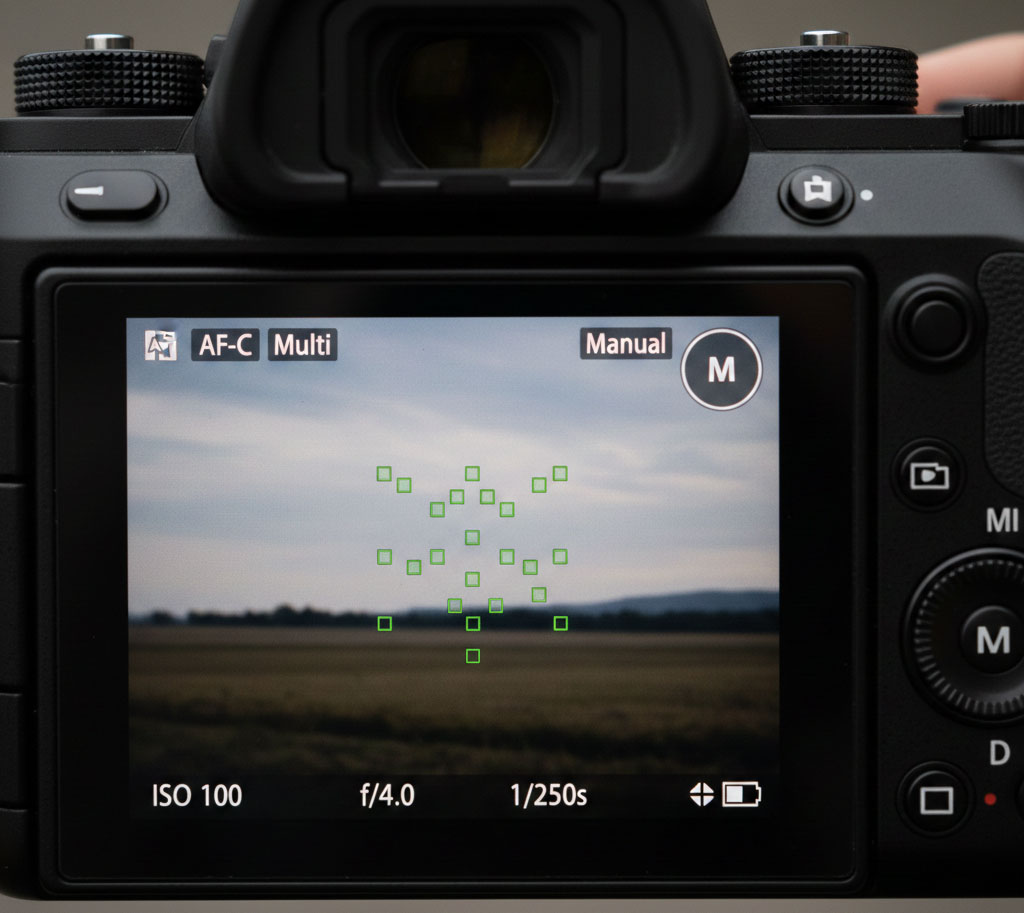 Camera back screen showing autofocus mode selection