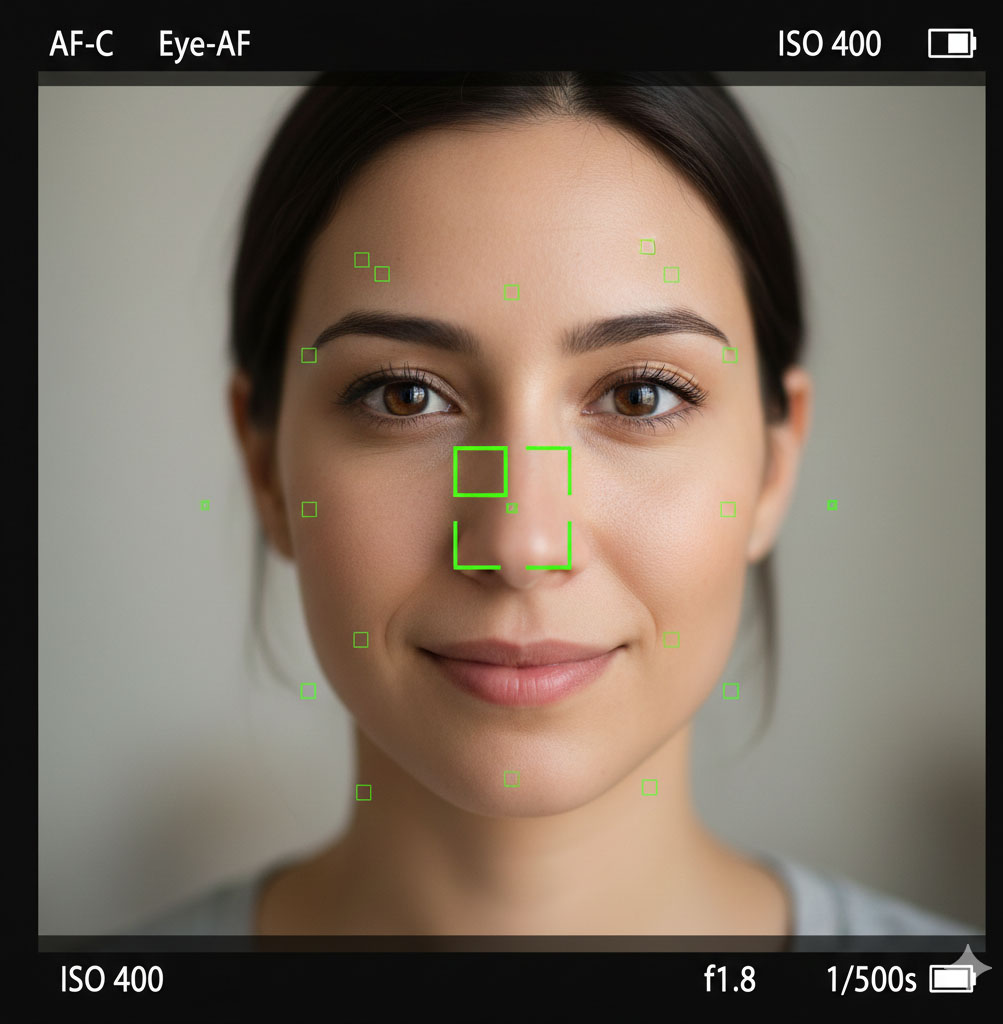 Viewfinder overlay with multiple focus points, one highlighted over the subject's eye