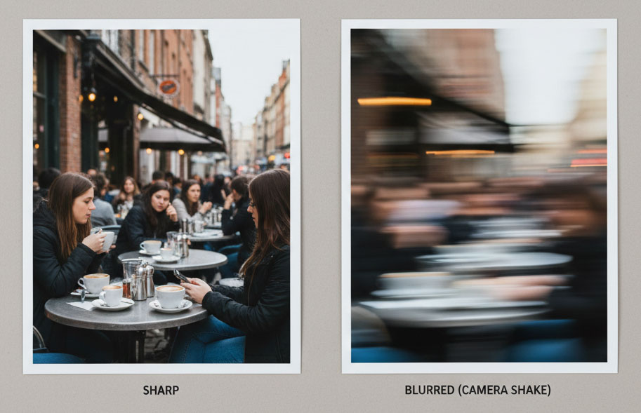 Side-by-side comparison of a sharp photo and a blurred photo caused by camera shake